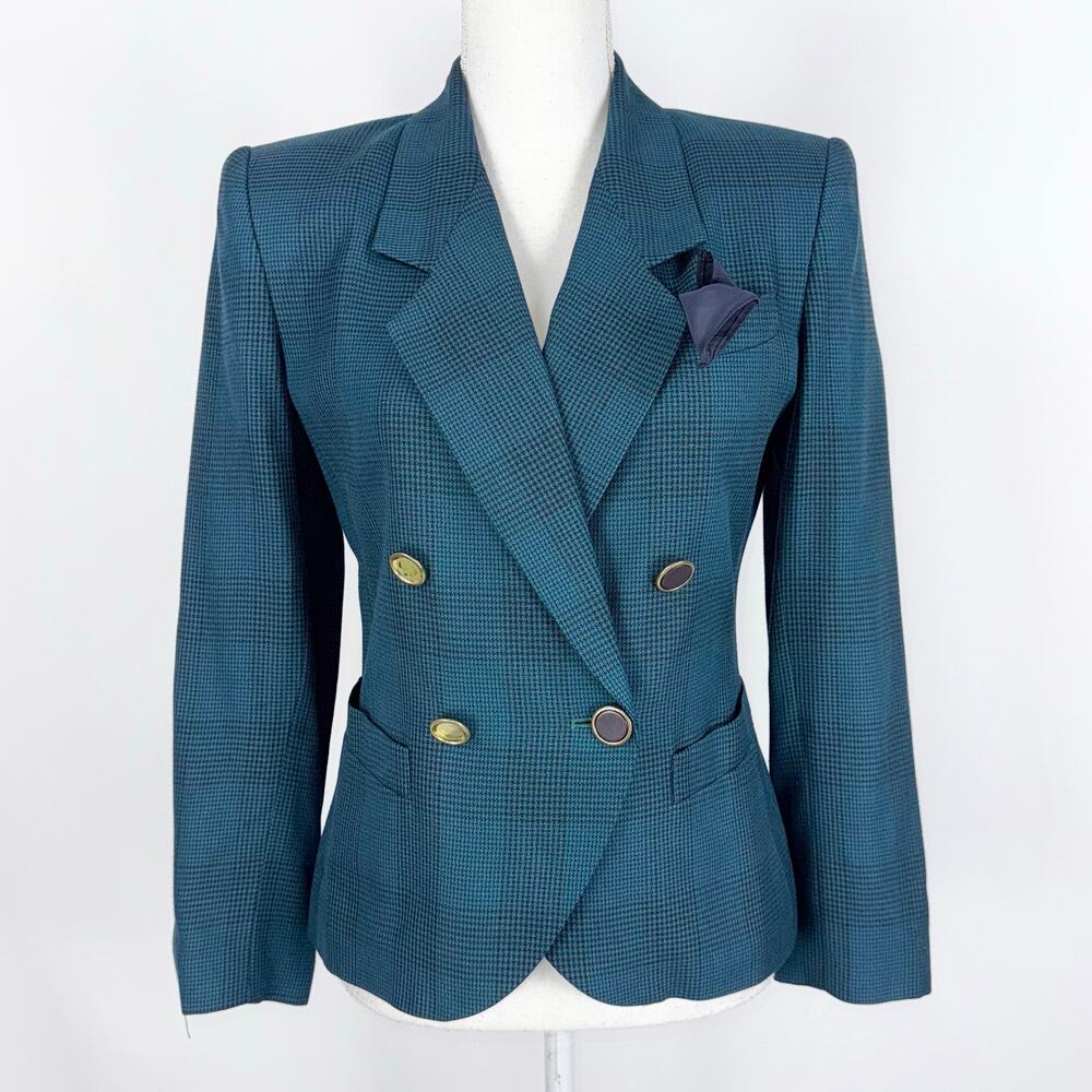 Stirling Cooper Women's VTG Houndstooth Double Breasted Blazer 4 Petite Green